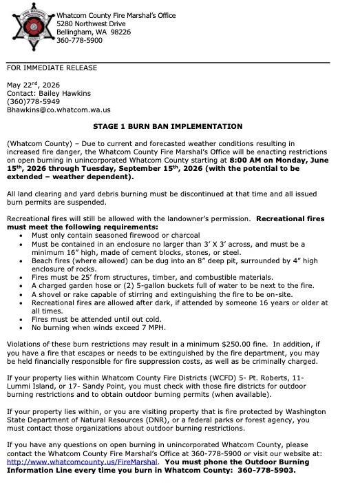 2026 Whatcom County Stage 1 Burn Ban 2026